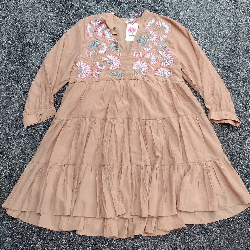 Entro Brown Embroidered Tiered Mini Dress Boho 3/4 Sleeve - Picture 2 of 9